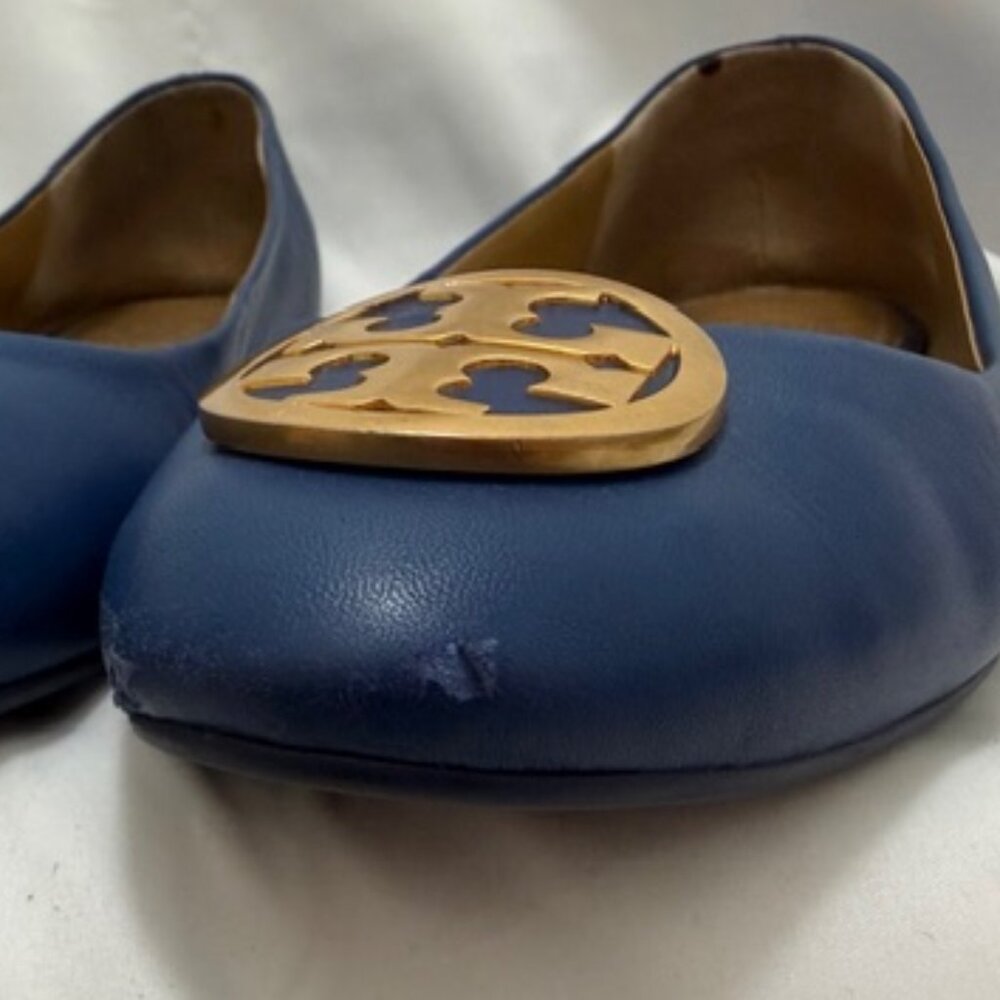 Tory Burch Reva Women’s Blue Leather Gold Logo Size 9.5 explanation in descrip